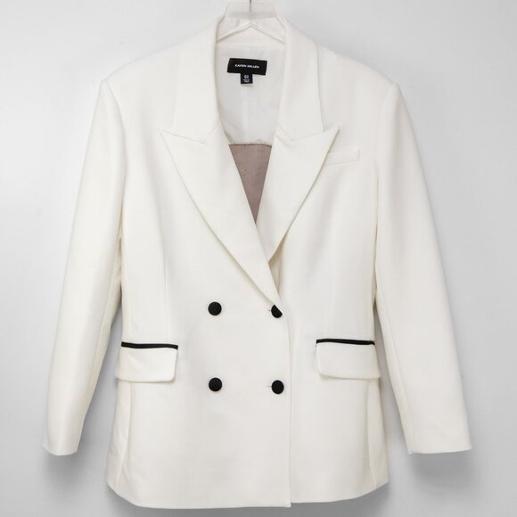 Karen Millen Lace Appliqué Contrast Tailored Tuxedo Jacket White Blue Black 10 - Picture 2 of 8